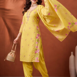 Women's Lemon Yellow Floral Printed Kurta Set with Dupatta | Embroidered Neck Ethnic Suit