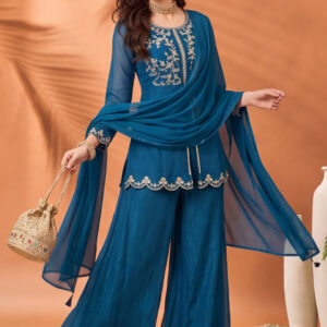 Women's Blue Embroidered Kurta Palazzo Set with Dupatta | Festive Ethnic Co-ord Suit