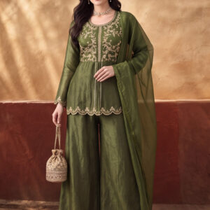 Women's Olive Green Embroidered Kurta Palazzo Set with Dupatta | Festive Ethnic Co-ord Suit