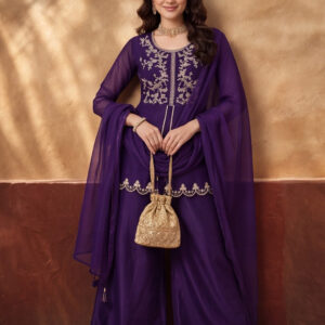 Women's Purple Embroidered Kurta Palazzo Set with Dupatta | Festive Ethnic Co-ord Suit