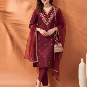 Women's Maroon Embroidered Kurta Set with Dupatta | Festive Straight Ethnic Suit