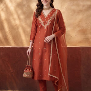 Women's Rust Embroidered Kurta Set with Dupatta | Festive Straight Ethnic Suit