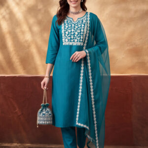 Women's Teal Blue Floral Embroidered Kurta Set with Dupatta | Straight Ethnic Festive Wear Suit