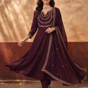 Women's Wine Embroidered Kurta Set with Dupatta | Straight Ethnic Festive Wear Suit