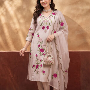 Women's Off White Floral Embroidered Kurta Set with Organza Dupatta | Ethnic Festive Wear