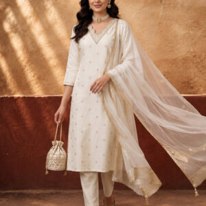 Women's Off White Embroidered Kurta Set with Organza Dupatta | Straight Ethnic Festive Wear Suit