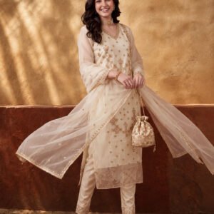 Women's Off White Heavy Embroidered Kurta Set with Organza Dupatta | Festive Ethnic Wear