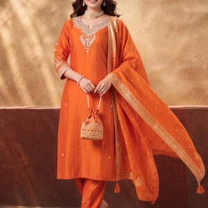 Women's Orange Embroidered Kurta Set with Dupatta | Zari Festive Ethnic Straight Suit