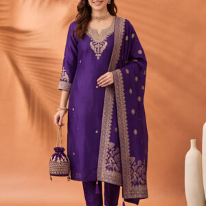 Women's Purple Embroidered Kurta Set with Dupatta | Zari Festive Ethnic Straight Suit