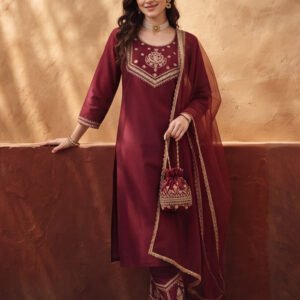 Women's Maroon Embroidered Kurta Set with Dupatta | Festive Straight Ethnic Suit