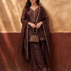 Women's Brown Embroidered Kurta Sharara Set with Dupatta | Festive Ethnic Party Wear Suit