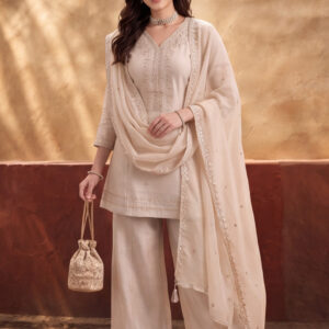 Women's Cream Embroidered Kurta Sharara Set with Dupatta | Festive Ethnic Party Wear Suit