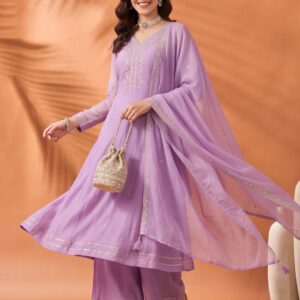 Women's Lavender Embroidered Kurta Sharara Set with Dupatta | Festive Ethnic Party Wear Suit