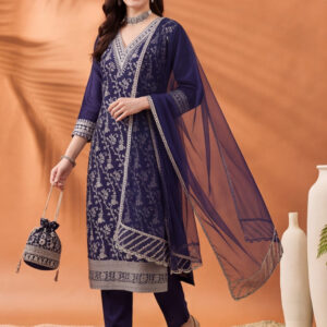 Women's Navy Blue Heavy Zari Weaving Kurta Set with Dupatta | Festive Ethnic Straight Suit