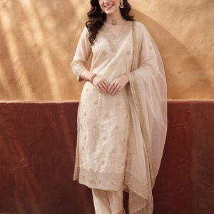Women's Off White Heavy Zari Weaving Kurta Set with Dupatta | Festive Ethnic Straight Suit