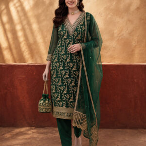 Women's Green Heavy Zari Weaving Kurta Set with Dupatta | Festive Ethnic Straight Suit