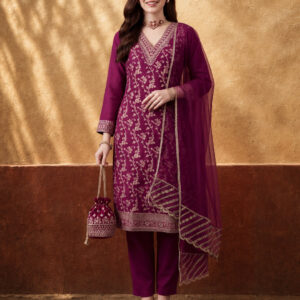 Women's Magenta Heavy Zari Weaving Kurta Set with Dupatta | Festive Ethnic Straight Suit
