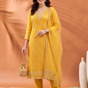 Women's Yellow Heavy Zari Weaving Kurta Set with Dupatta | Festive Ethnic Straight Suit