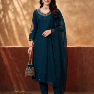 Women's Teal Green Embroidered Kurta Set with Dupatta | Festive Straight Ethnic Suit