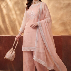 Women's Peach Embroidered Kurta Palazzo Set with Dupatta | Festive Ethnic Party Wear Suit