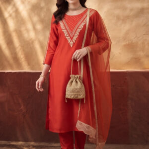 Women's Orange Embroidered Kurta Set with Dupatta | Festive Straight Ethnic Party Wear Suit