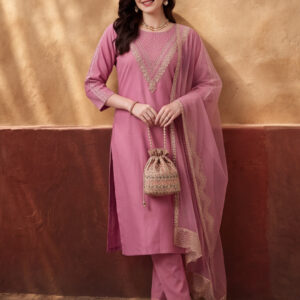 Women's Pink Embroidered Kurta Set with Dupatta | Festive Straight Ethnic Party Wear Suit