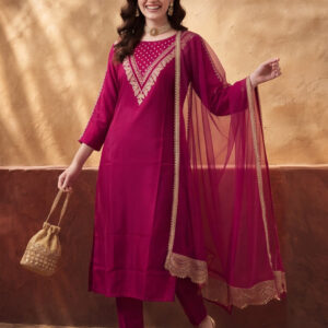 Women's Magenta Embroidered Kurta Set with Dupatta | Festive Straight Ethnic Party Wear Suit