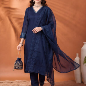 Women's Navy Blue Embroidered Kurta Set with Dupatta | Elegant Straight Ethnic Suit