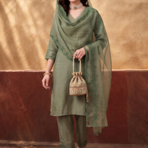Women's Mehandi Embroidered Kurta Set with Dupatta | Elegant Straight Ethnic Suit
