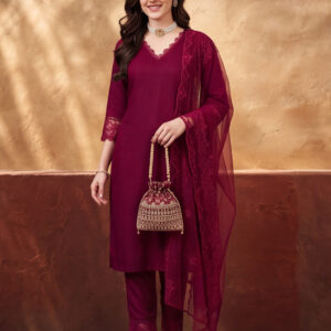 Women's Maroon Embroidered Kurta Set with Dupatta | Elegant Straight Ethnic Suit