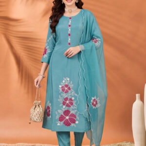 Women's Sky Blue Floral Embroidered Kurta Set with Dupatta | Straight Ethnic Festive Suit