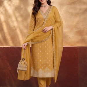 Women's Mustard Embroidered Kurta Set with Dupatta | Festive Straight Ethnic Party Wear Suit