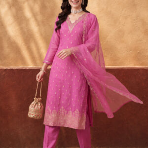 Women's Pink Embroidered Kurta Set with Dupatta | Festive Straight Ethnic Party Wear Suit