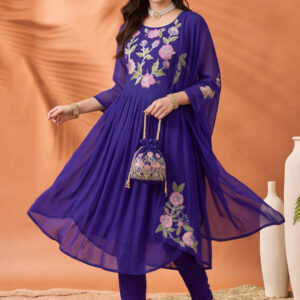Women's Royal Blue Floral Embroidered Anarkali Kurta Set with Dupatta | Festive Ethnic Suit