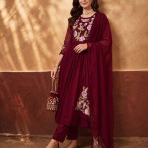 Women's Maroon Floral Embroidered Anarkali Kurta Set with Dupatta | Festive Ethnic Suit