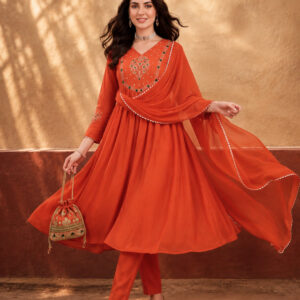 Women's Orange Embroidered Kurta Set with Dupatta | Festive Straight Ethnic Party Wear Suit