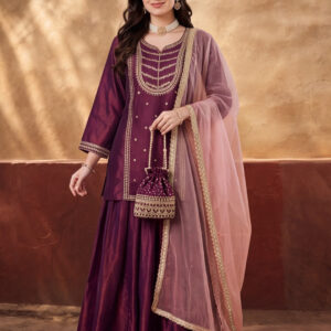 Women's Wine Embroidered Kurta Palazzo Set with Dupatta | Festive Ethnic Party Wear Suit