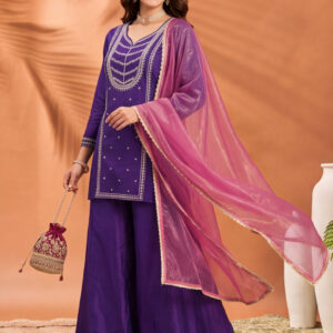 Women's Purple Embroidered Kurta Palazzo Set with Dupatta | Festive Ethnic Party Wear Suit