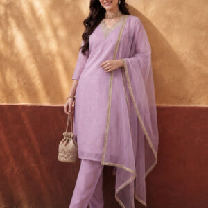 Women's Dark Baby Pink Embroidered Kurta Set with Yellow Dupatta | Festive Straight Ethnic Suit