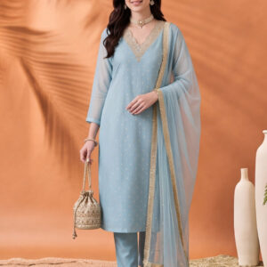 Women's Dark Sky Blue Embroidered Kurta Set with Yellow Dupatta | Festive Straight Ethnic Suit