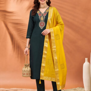 Women's Dark Green Embroidered Kurta Set with Yellow Dupatta | Festive Straight Ethnic Suit