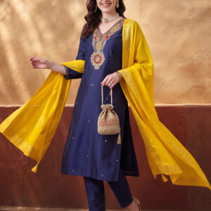 Women's Dark Navy Blue Embroidered Kurta Set with Yellow Dupatta | Festive Straight Ethnic Suit