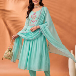Women's Mint Green Embroidered Anarkali Kurta Set with Dupatta | Festive Ethnic Suit