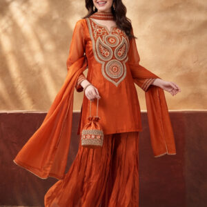 Women's Orange Embroidered Kurta Palazzo Set with Dupatta | Festive Ethnic Party Wear Suit