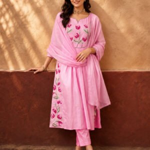 Women's Pink Floral Embroidered Anarkali Kurta Set with Dupatta | Festive Ethnic Suit