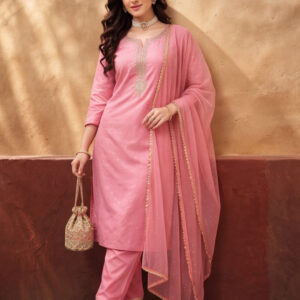 Women's Pink Weaving Kurta Set with Dupatta | Straight Festive Ethnic Party Wear Suit