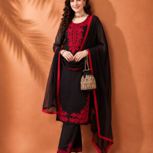 Women's Black Embroidered Kurta Set with Dupatta | Red Floral Straight Ethnic Party Wear Suit