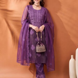 Women's Lavender Embroidered Organza Kurta Set with Dupatta | Straight Ethnic Festive Wear Suit
