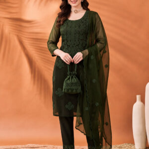 Women's Green Embroidered Organza Kurta Set with Dupatta | Straight Ethnic Festive Wear Suit