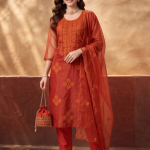 Women's Orange Embroidered Organza Kurta Set with Dupatta | Straight Ethnic Festive Wear Suit